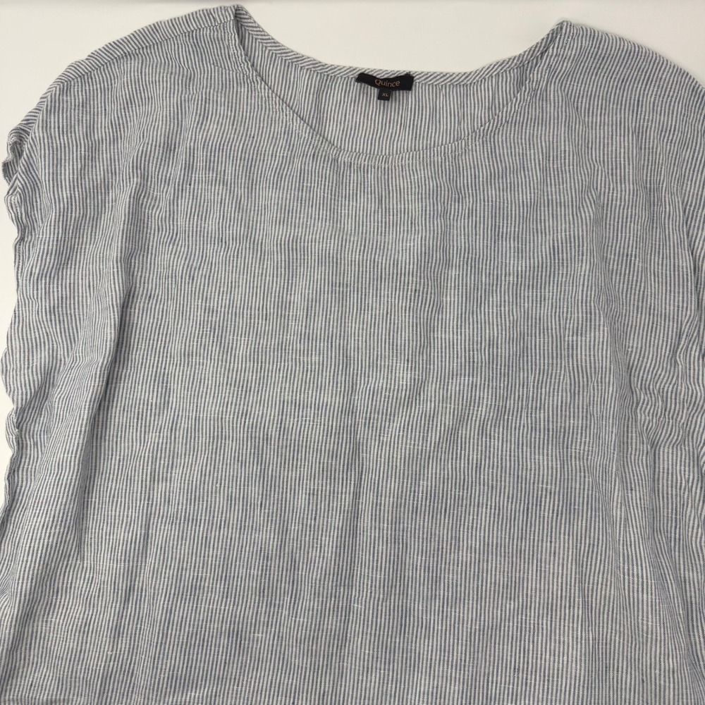 Quince Blue Striped Linen Round Neck Top Size XL Cap Sleeve Casual Breezy